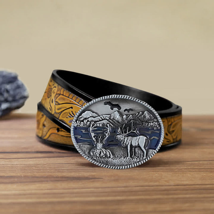 DIY-Ledergürtel mit Emaille-Wild Life-Hirschschnalle für Herren