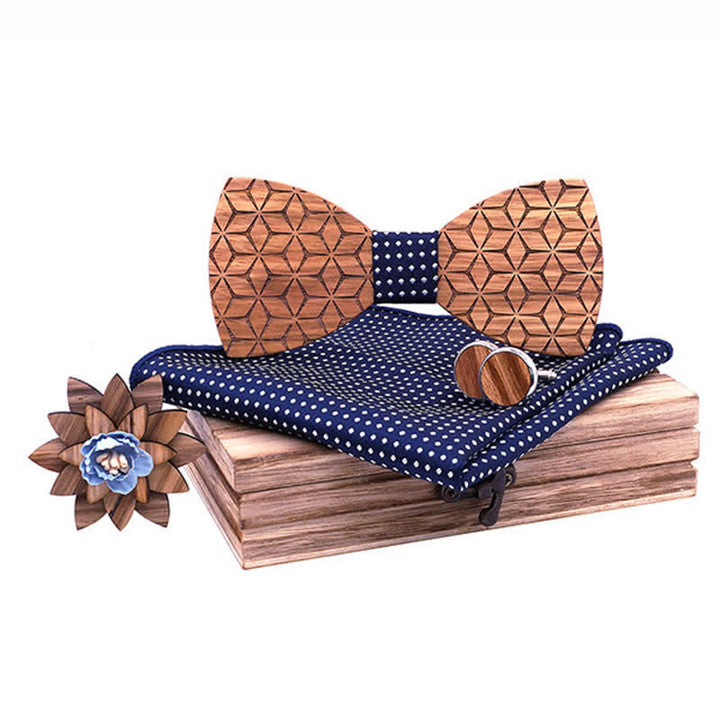 4-teiliges Herren Holzbogenkrawatten-Set mit geometrischem Schnitzen
