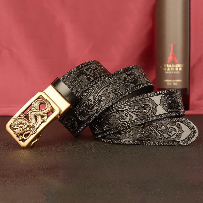 Buddha Stones Männer Gürtel mit geprägtem Drachenmuster aus Leder