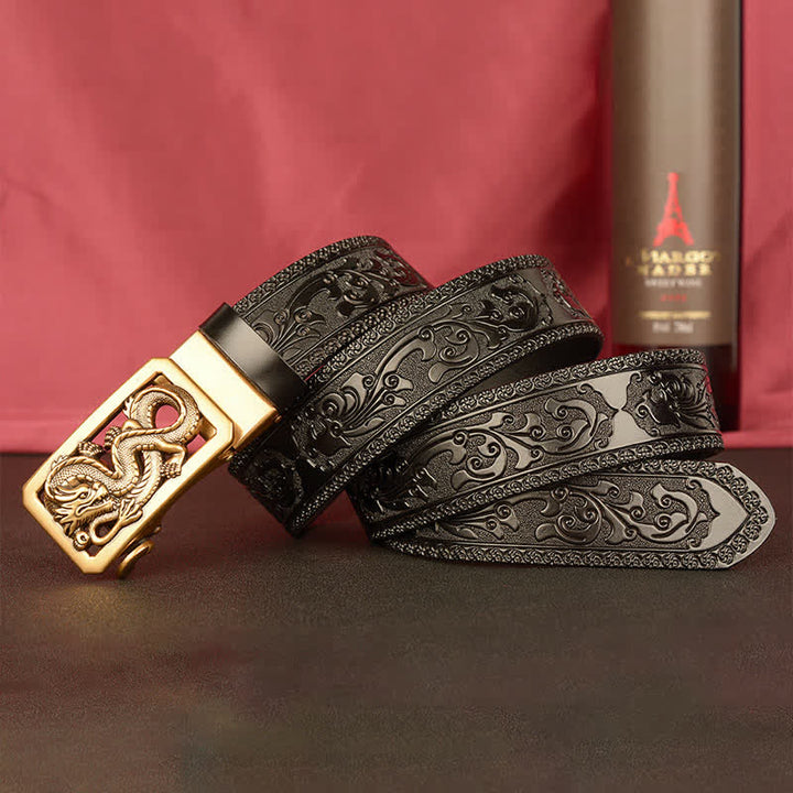 Buddha Stones Männer Gürtel mit geprägtem Drachenmuster aus Leder