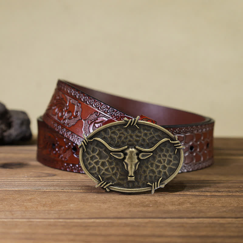 Herren DIY Cowboy Bullenkopf gehämmerte Schnalle Ledergürtel