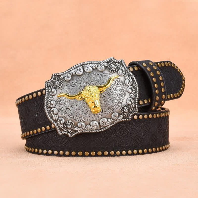 Herrengürtel aus goldenem Longhorn-Bullenleder mit Punknieten