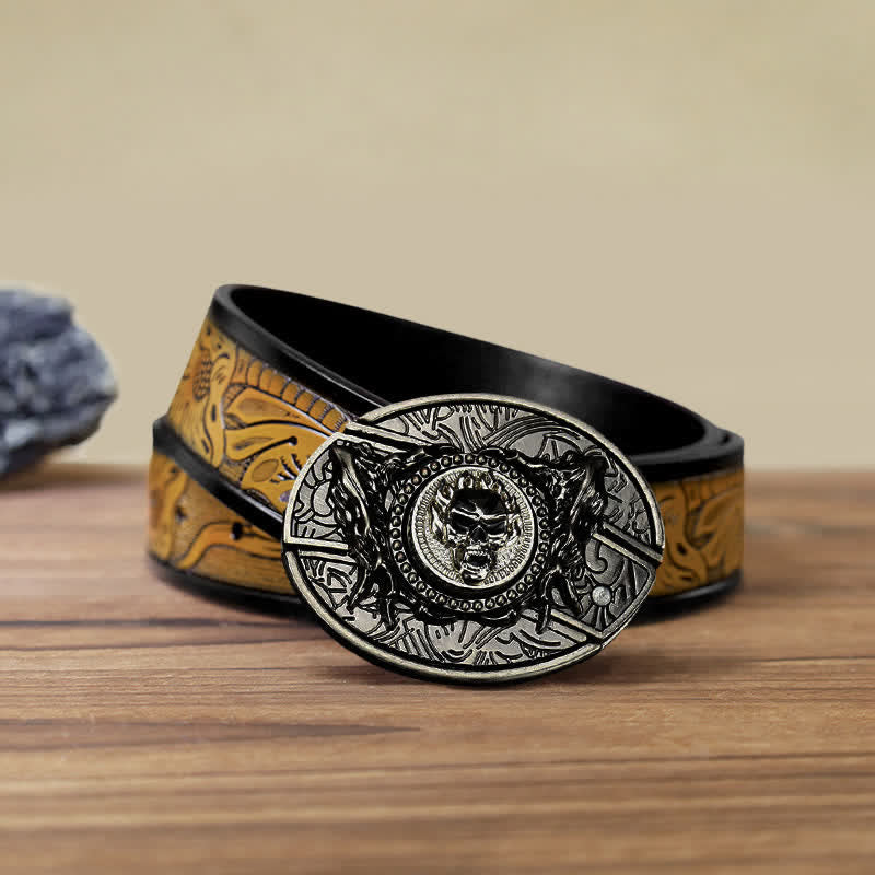 DIY-Ledergürtel für Herren mit drehbarem Totenkopf und verstecktem Klappmesser