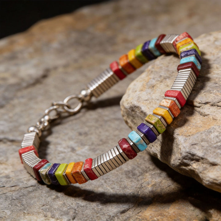 Vintage Boho Rechteckiges Mehrfarbiges Kaiserstein-Silberfarbenes Gliederarmband - image 2