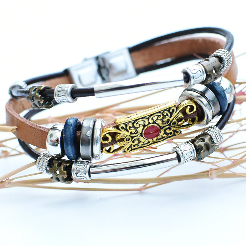 Vintage-Armband für Herren aus Leder im Westernstil mit blauem Stein und Filigranmuster - Golden - image 8