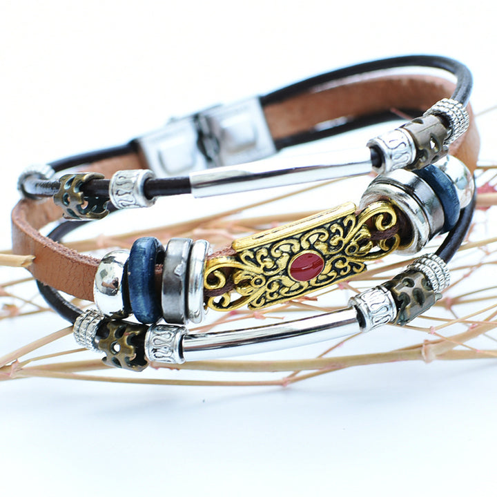 Vintage-Armband für Herren aus Leder im Westernstil mit blauem Stein und Filigranmuster - Golden - image 8