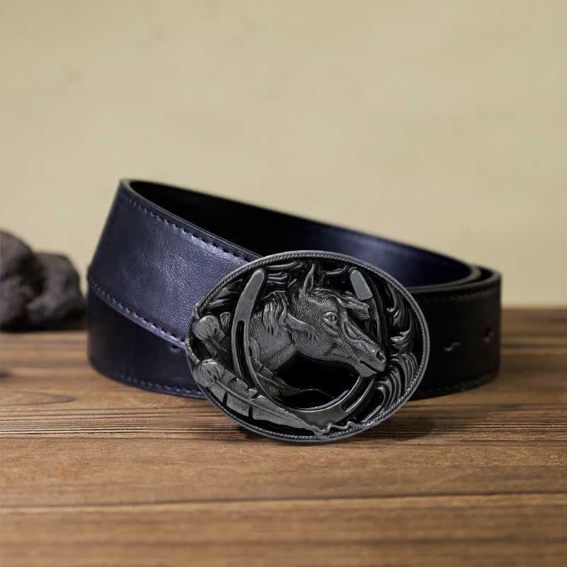 Herren DIY Hufeisen Schwarzer Emaille-Schnalle Ledergürtel