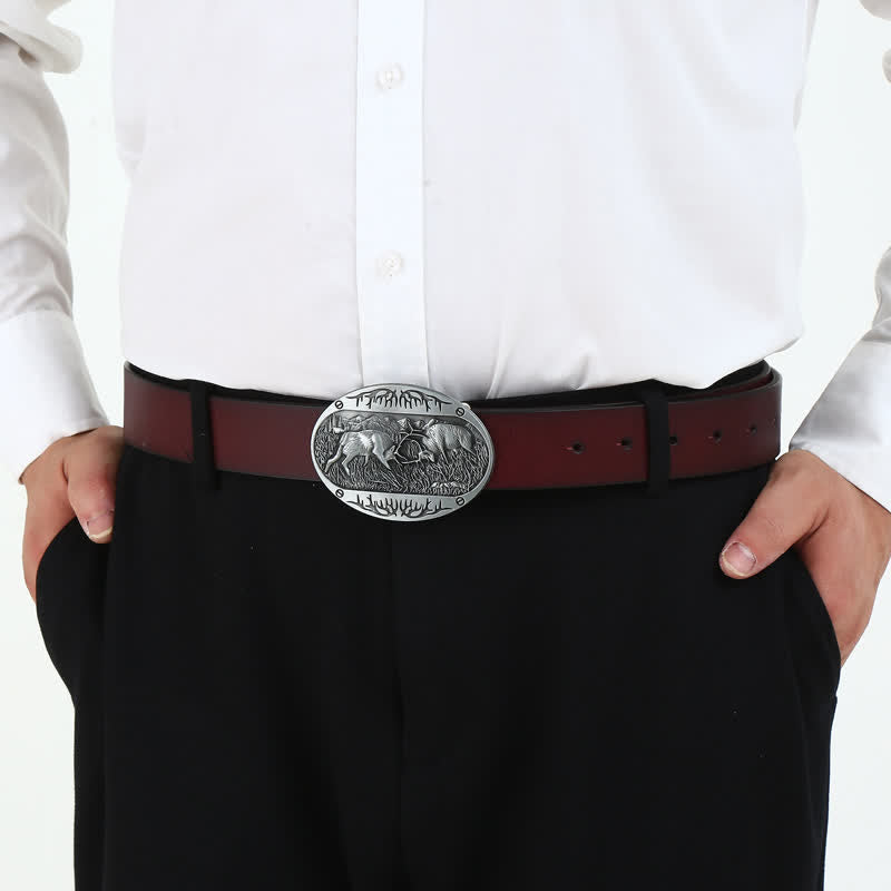 Herren DIY Wild Fighting Deer Schnalle Western Leder Gürtel