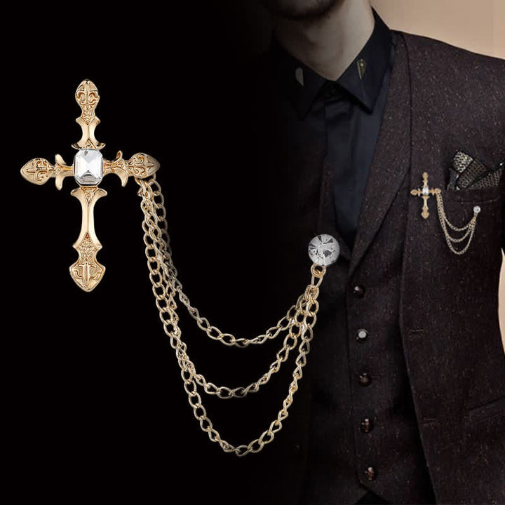Klassische Kreuz-Kristallketten-Brosche für Männer - Gold & Weiß - image 3