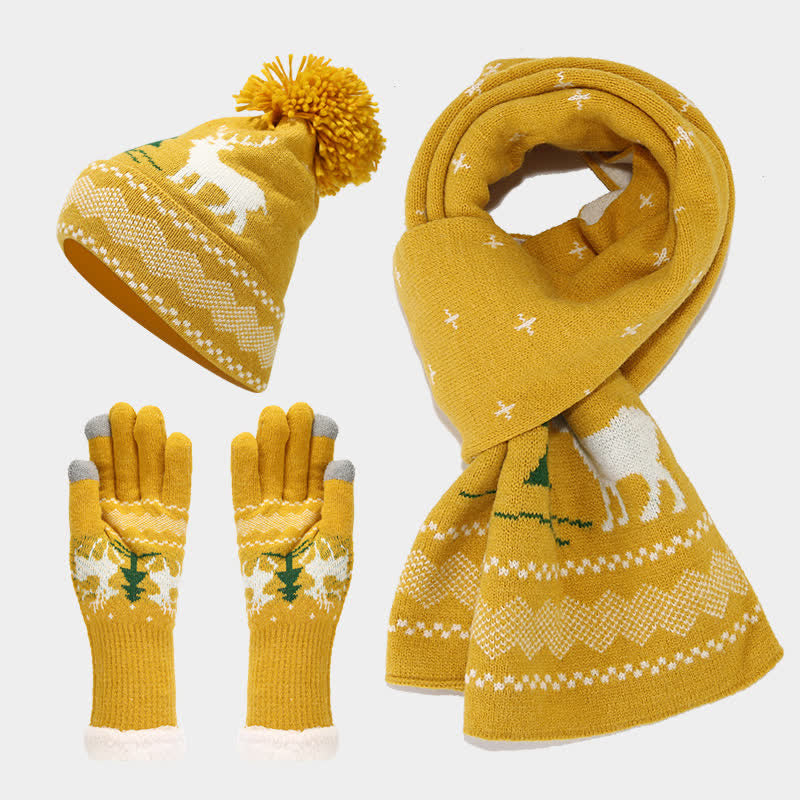 3-teiliger Set aus Mütze, Schal und Handschuhen mit Rentier- und Baum-Jacquardmuster für Damen