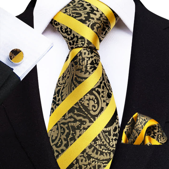 3-tlg. Herren-Krawatten-Set mit gelbem gestreiftem Paisley-Muster 