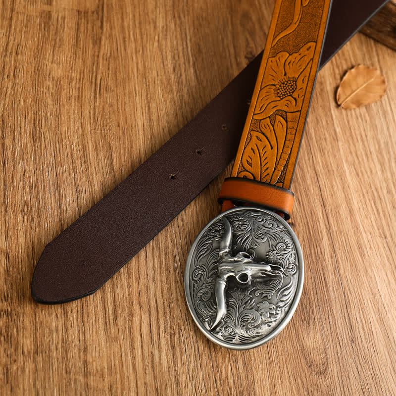 Vintage Herren Gürtel aus Leder mit floraler Longhorn-Stier-Prägung