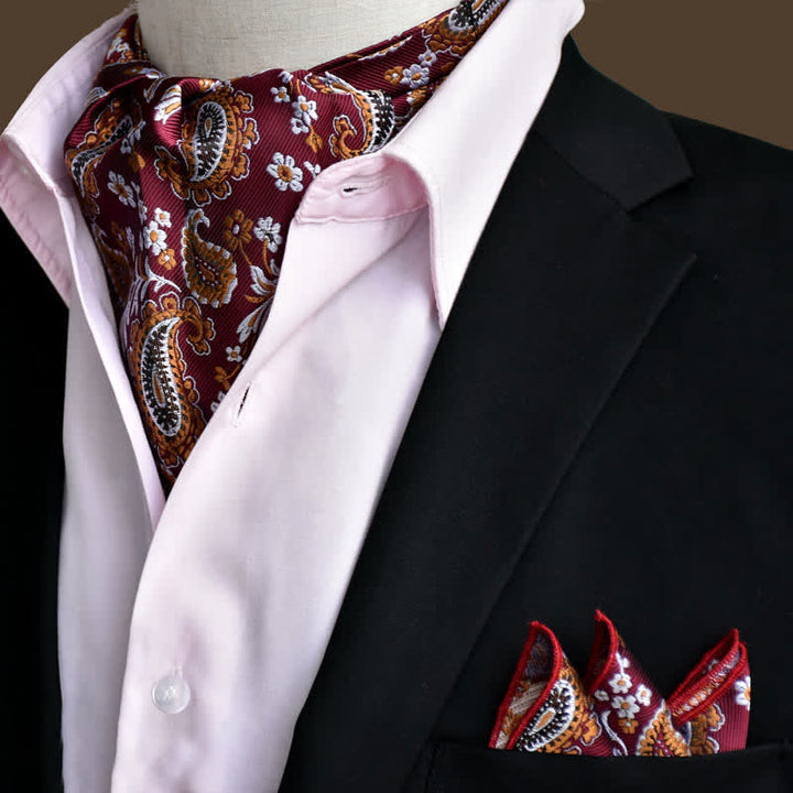 2Stk. Dunkelrotes Luxus Floral Paisley Einstecktuch und Plastron Set