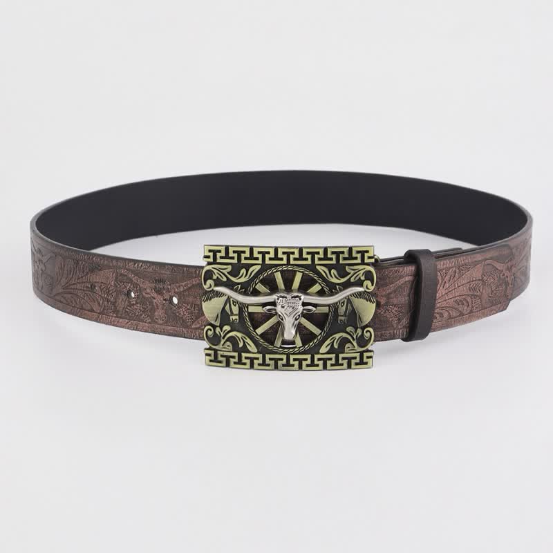 Herren Bronze Hohles Rind Stier Schnalle Ledergürtel