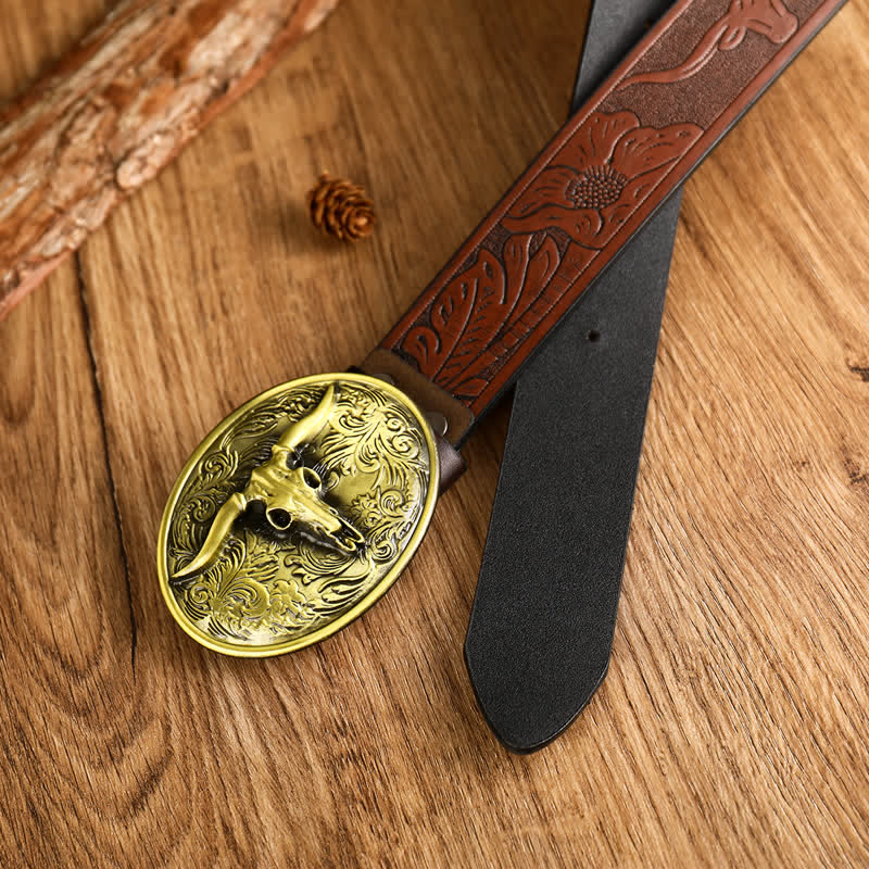 Vintage Herren Gürtel aus Leder mit floraler Longhorn-Stier-Prägung