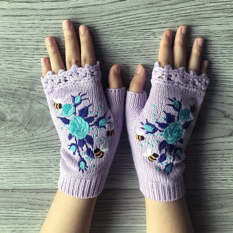 Damen Halbfinger-Strickhandschuhe mit Blumenstickerei