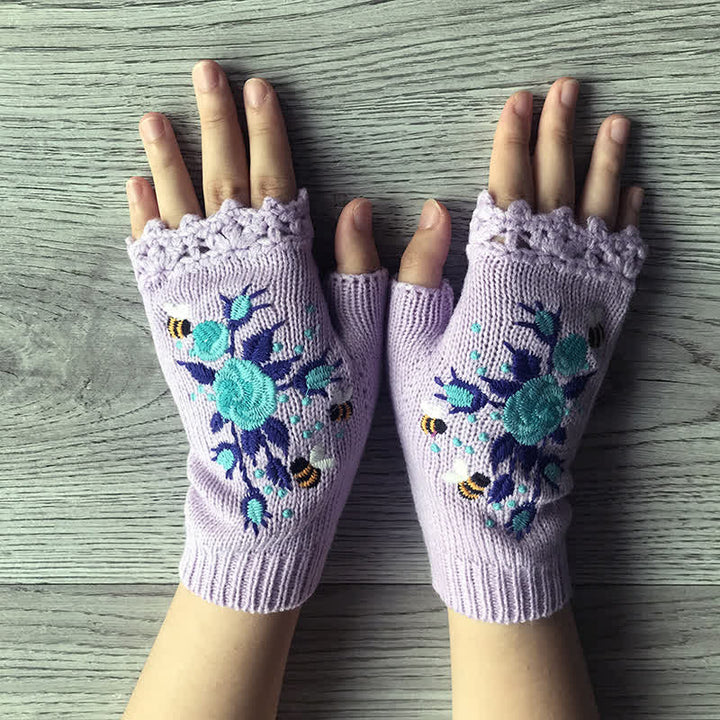 Damen Halbfinger-Strickhandschuhe mit Blumenstickerei