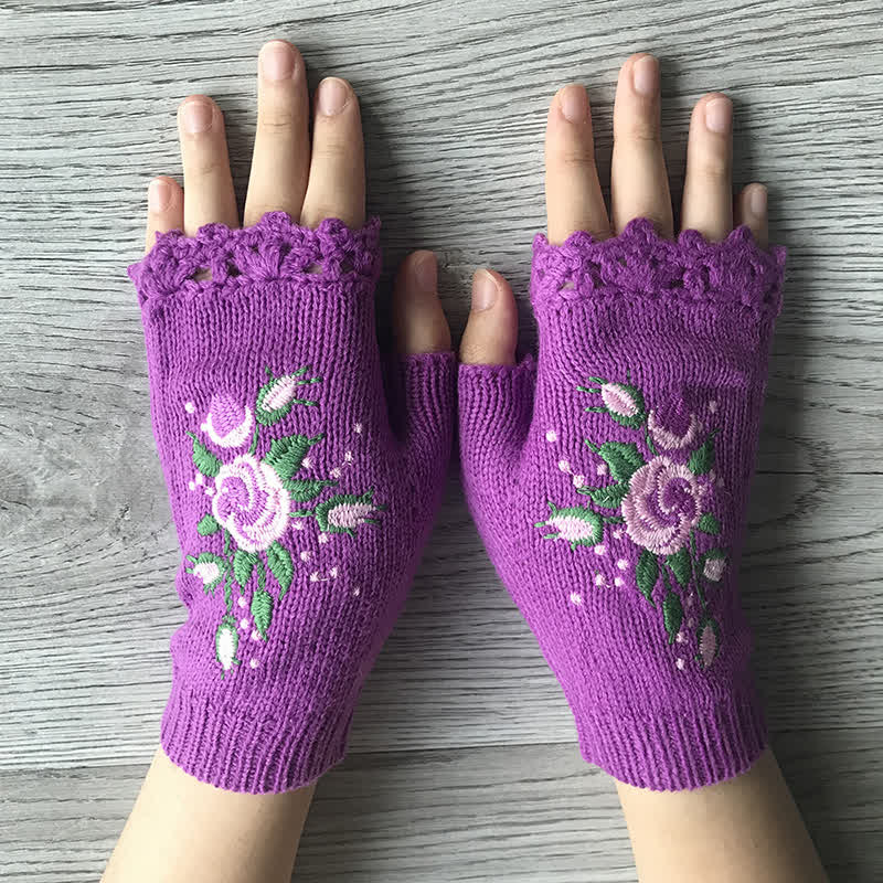 Damen Halbfinger-Strickhandschuhe mit Blumenstickerei