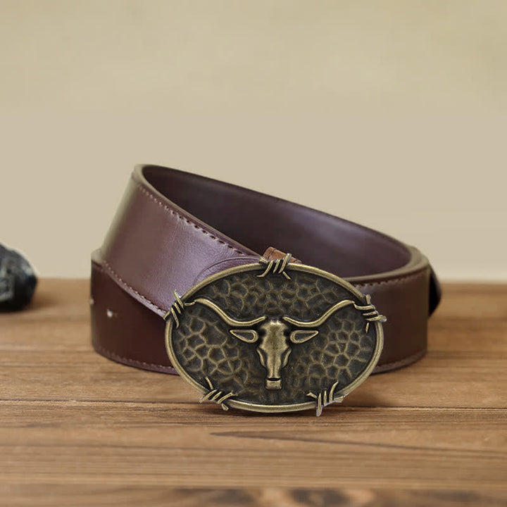 Herren DIY Cowboy Bullenkopf gehämmerte Schnalle Ledergürtel