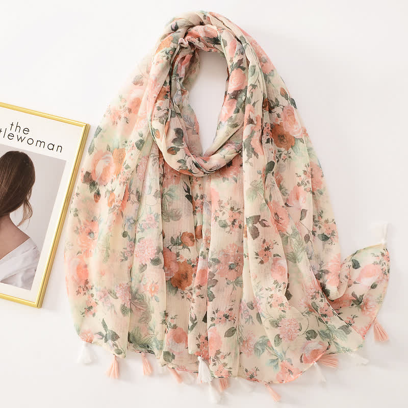 Dünner, hübscher Schal mit Schmetterlings- und Blumenmuster und Quasten für Frauen