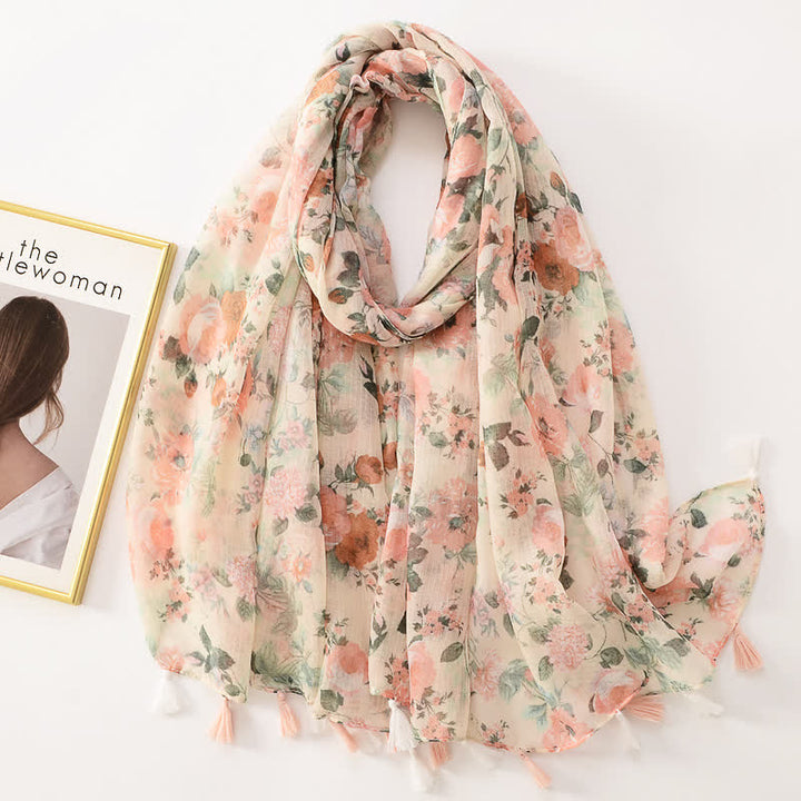 Dünner, hübscher Schal mit Schmetterlings- und Blumenmuster und Quasten für Frauen