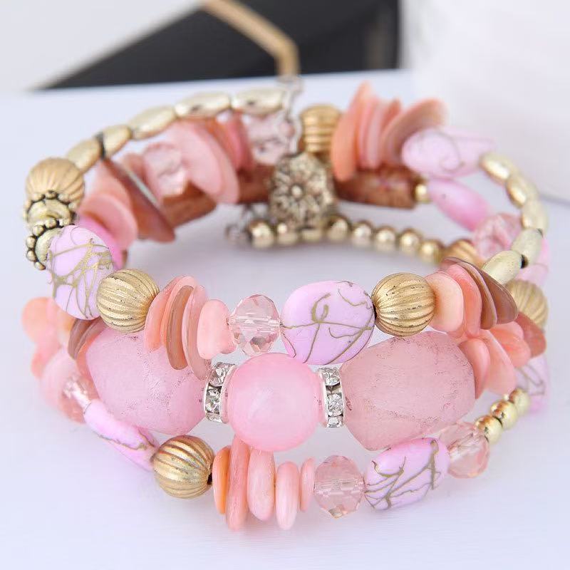 Vintage-Armband im böhmischen Stil mit mehrlagigen türkisfarbenen Achat-Kristallperlen - Hellrosa - image 5