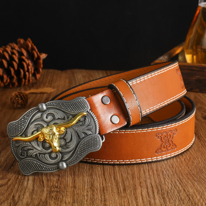 Herren quadratischer Gürtel aus goldenem Longhorn-Bullenleder