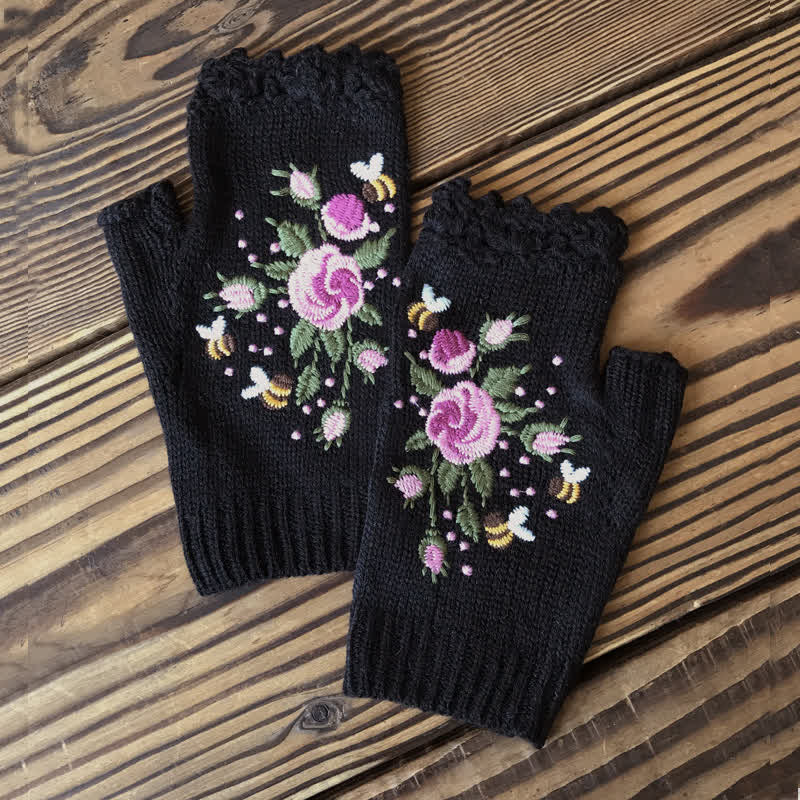 Damen Halbfinger-Strickhandschuhe mit Blumenstickerei