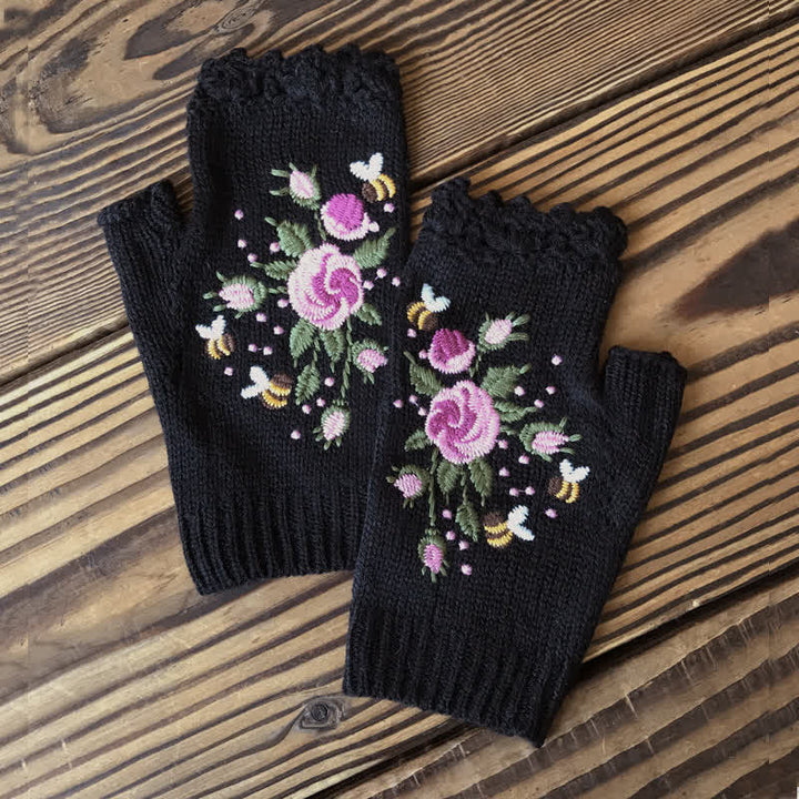 Damen Halbfinger-Strickhandschuhe mit Blumenstickerei