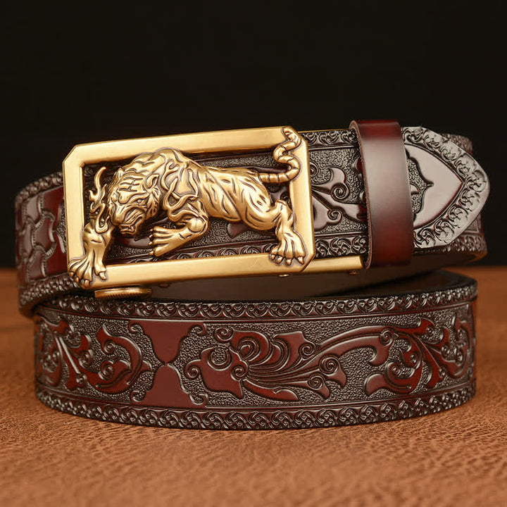 Herren Gürtel mit Tiger-Schließe und Blumenmuster