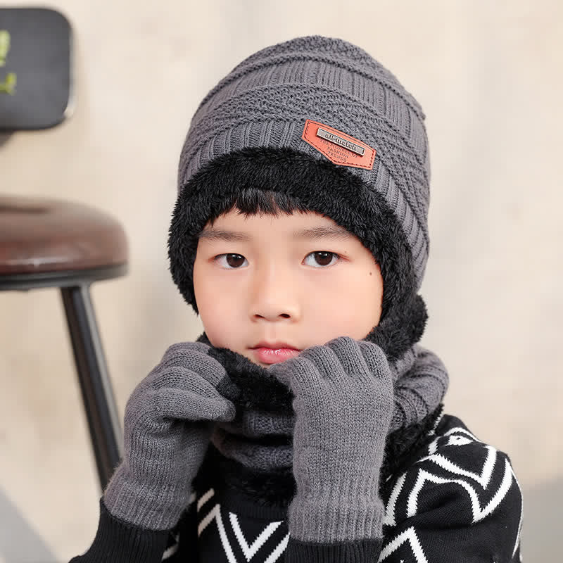 3-teiliges Set Erwachsene-Kinder Beanies gestrickte Mütze Schal Handschuhe