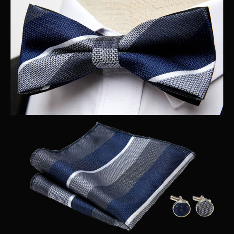 3er Set Klassische Gestreifte Fliege und Einstecktuch für Männer - Marineblau & Grau - image 1
