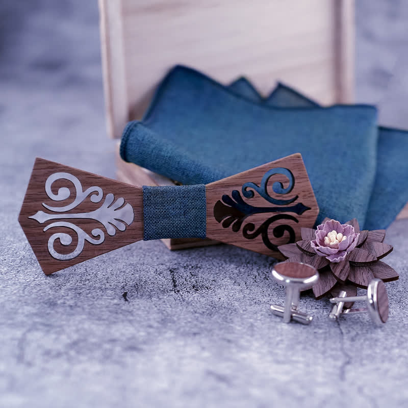 4er-Set Holzfliegen für Herren mit hohlem Blumenmuster
