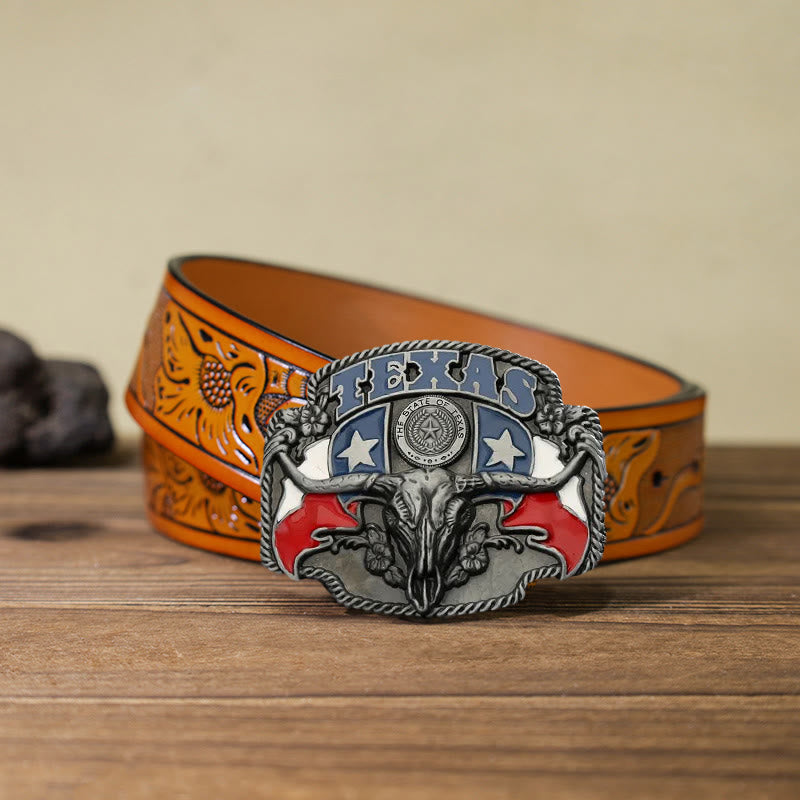 Herren DIY Texas-Flagge Langhorn-Stier Schnallenledergürtel
