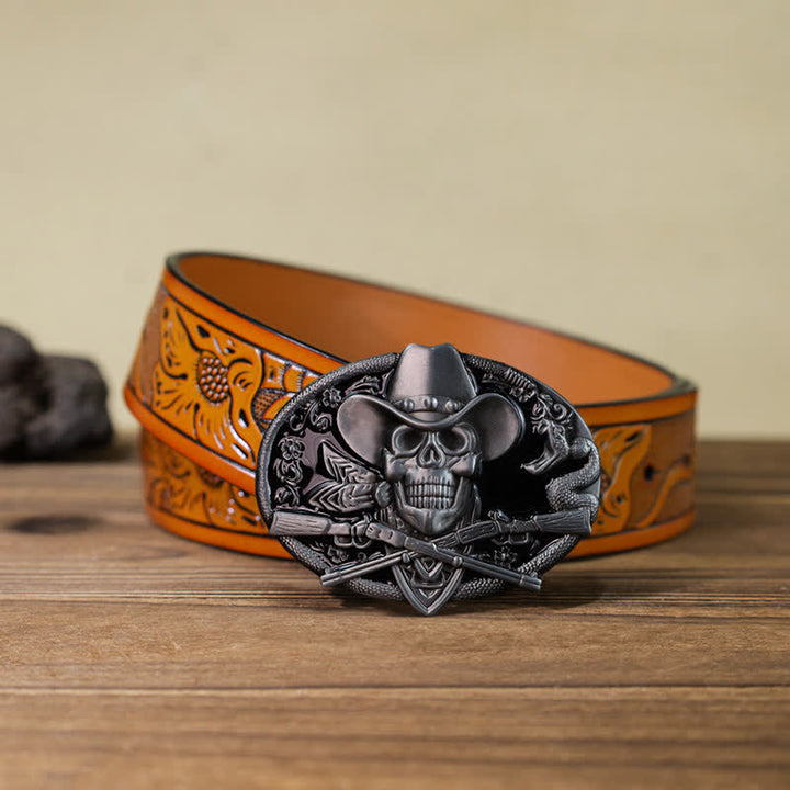 Herren DIY Totenkopf mit gekreuzten Pistolen Schnalle Leder Gürtel