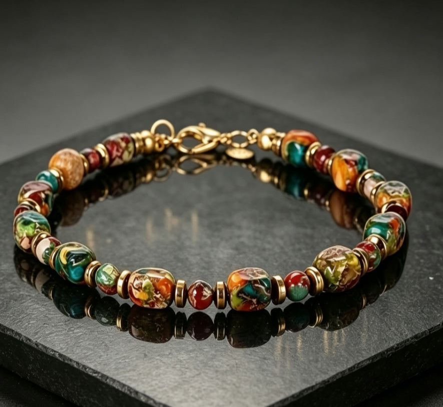 Vintage Boho Rechteckiges Mehrfarbiges Kaiserstein-Silberfarbenes Gliederarmband - Mehrfarbig #2 - image 3