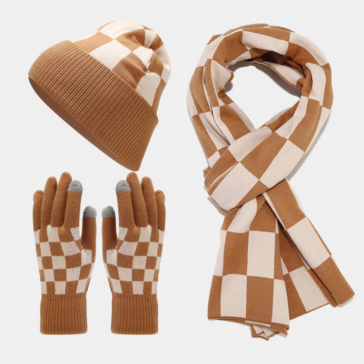 3-teiliges Unisex-Schachbrettmuster Mützen-Schal-Handschuh-Set