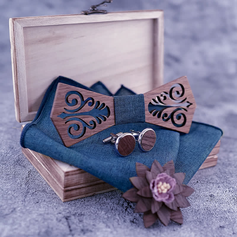 4er-Set Holzfliegen für Herren mit hohlem Blumenmuster