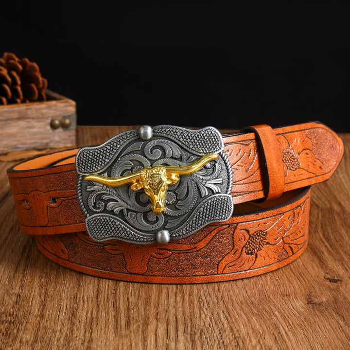 Herren quadratischer Gürtel aus goldenem Longhorn-Bullenleder