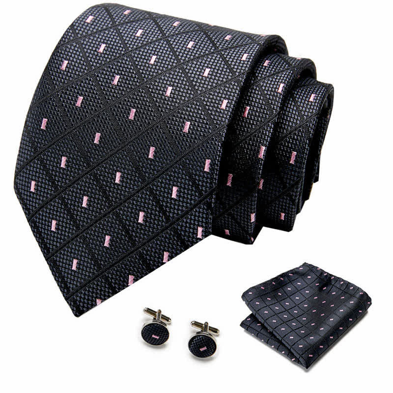 3er-Set Herren-Schwarz- und Pink-karierter &amp; gepunkteter Krawattenset 