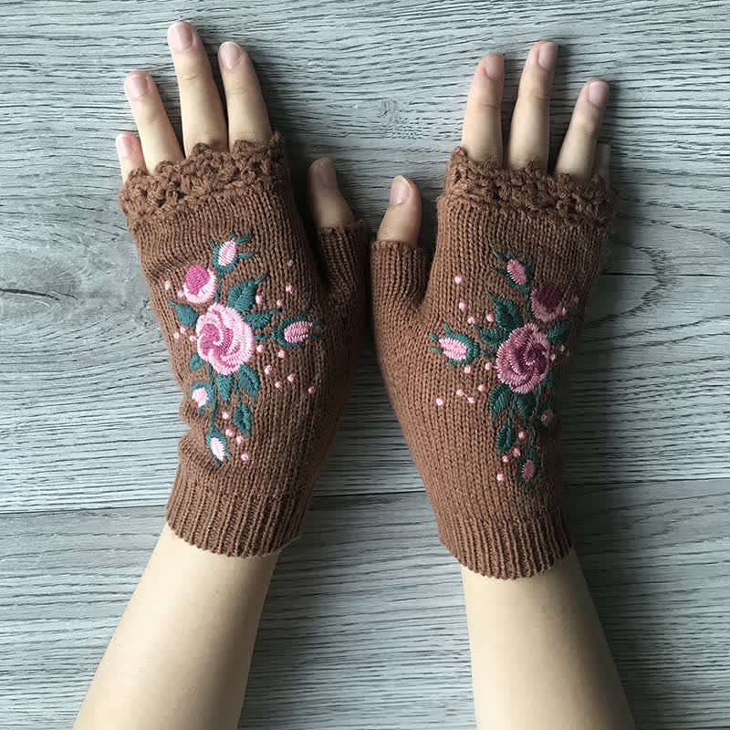 Damen Halbfinger-Strickhandschuhe mit Blumenstickerei
