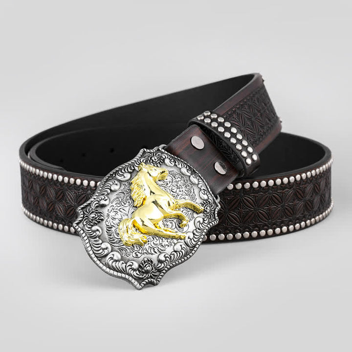 Herrenledergürtel mit goldener galoppierender Pferdeniete