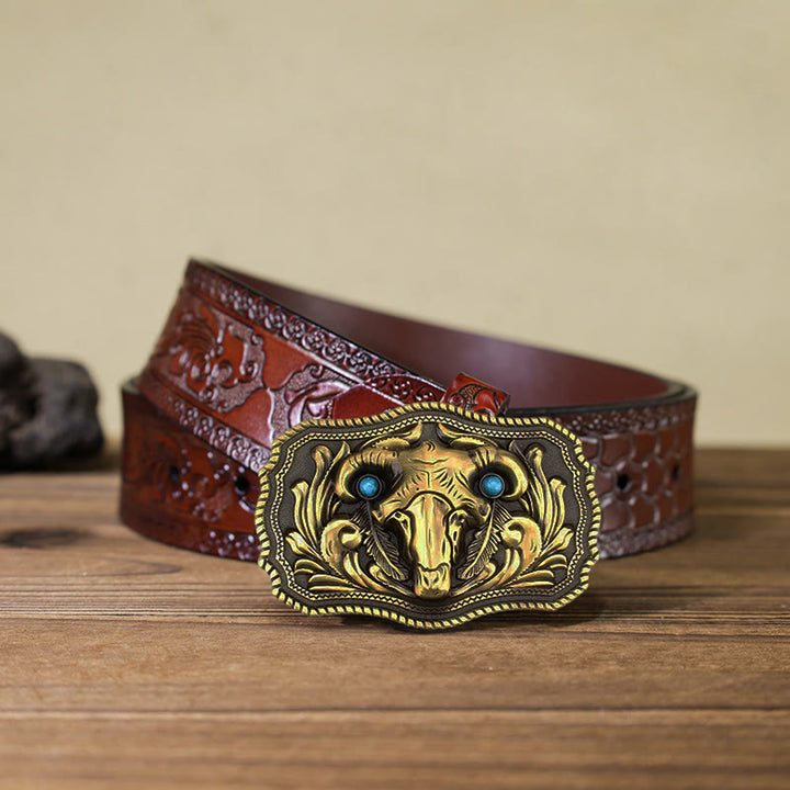 Men's DIY Goat Skull Turquoise Buckle Leder Gürtel
