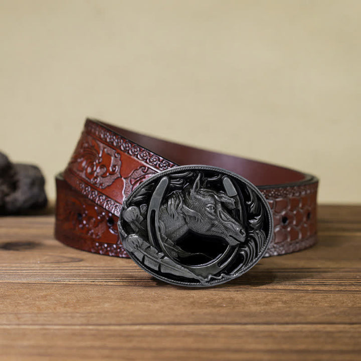 Herren DIY Hufeisen Schwarzer Emaille-Schnalle Ledergürtel