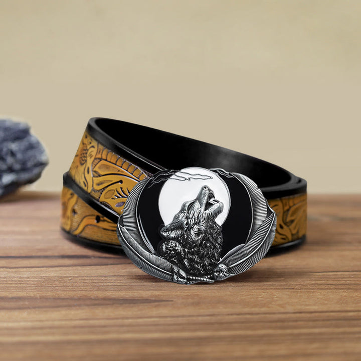 Herren DIY Heulender Wolf Mond Oval Schnalle Ledergürtel