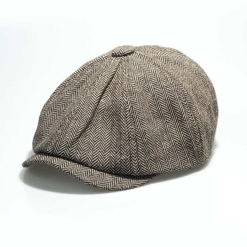 Achteckige Baskenmütze mit Fischgrätenmuster für Herren - Khaki - Einstellbar (ca. 21 5/8"-23 1/4") - image 0