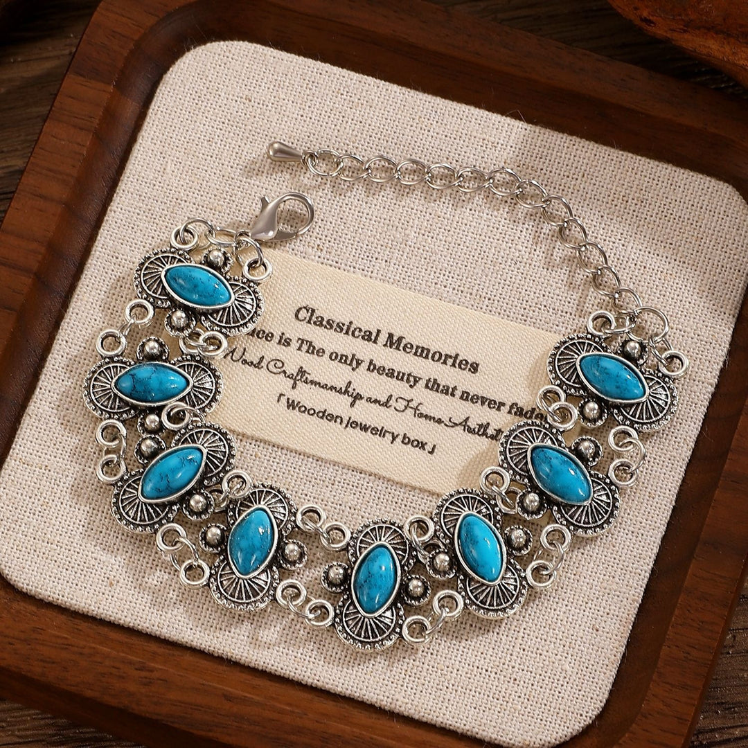Vintage Boho Armband aus getürkisfarbenem, antiksilbernem, geschnitztem Gliederarmband im Marquise-Stil - Blau - image 5