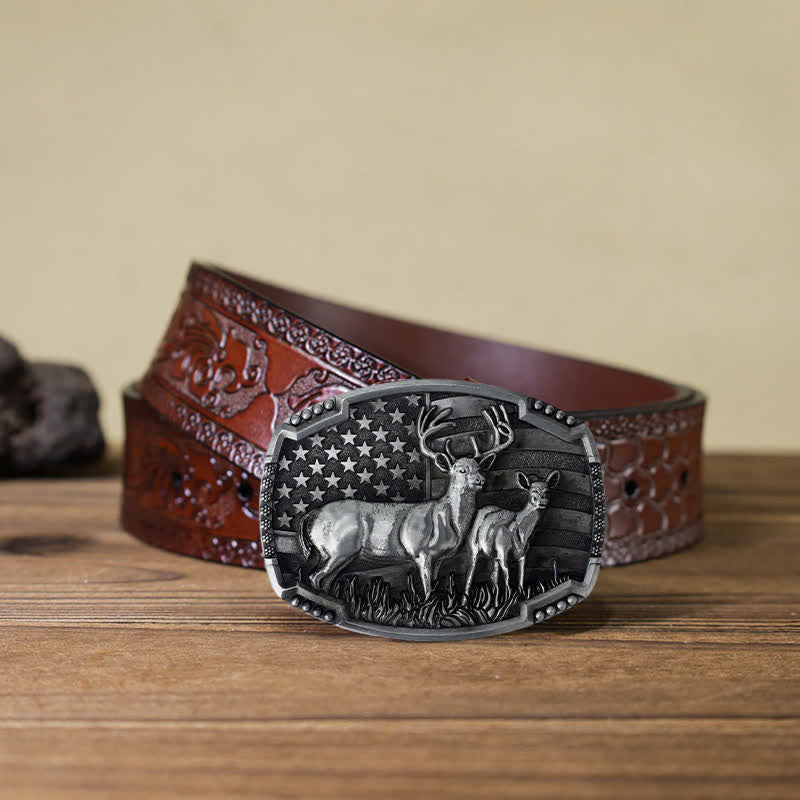 Herren DIY Deer Hunter American Flag Schnalle Ledergürtel