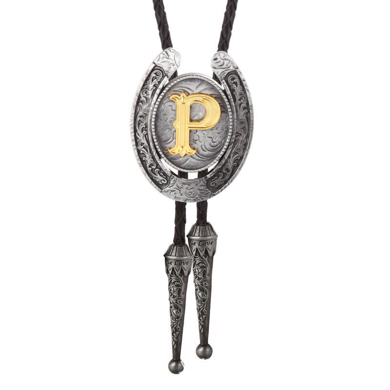 Moderne Western-Hufeisen Anfänglicher Buchstabe A bis Z Bolo Tie - Silber - P - image 45