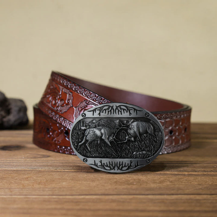 Herren DIY Wild Fighting Deer Schnalle Western Leder Gürtel